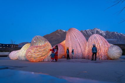 ENESS’ glowing, interactive AI oracles question digital futures near new zealand mountains